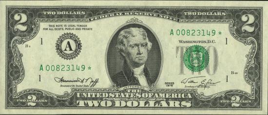 Банкнота $2 1976 г. юбилейной серии, зеленая печать, подписи Neff-Simon