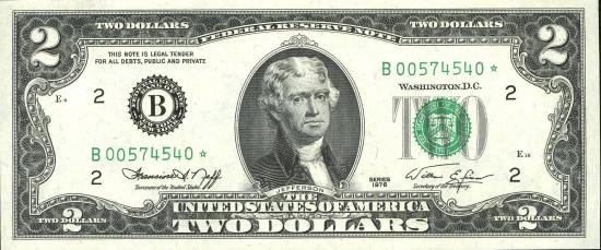 Банкнота $2 1976 г. юбилейной серии, зеленая печать, подписи Neff-Simon