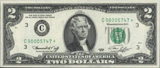 Банкнота $2 1976 г. юбилейной серии, зеленая печать, подписи Neff-Simon, замещенный номер