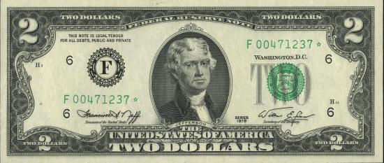 Банкнота $2 1976 г. юбилейной серии, зеленая печать, подписи Neff-Simon