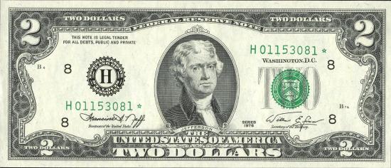Банкнота $2 1976 г. юбилейной серии, зеленая печать, подписи Neff-Simon