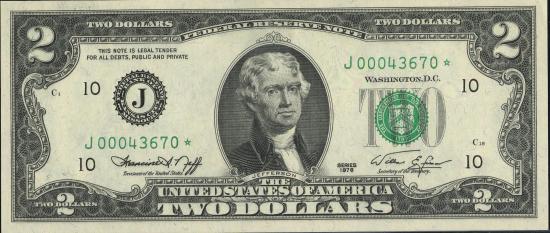 Банкнота $2 1976 г. юбилейной серии, зеленая печать, подписи Neff-Simon