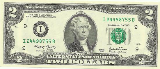 Банкнота $2 2003 г. юбилейной серии, зеленая печать