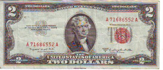 Банкнота $2 1953B г. серии, красная печать, подписи Smith-Dillon