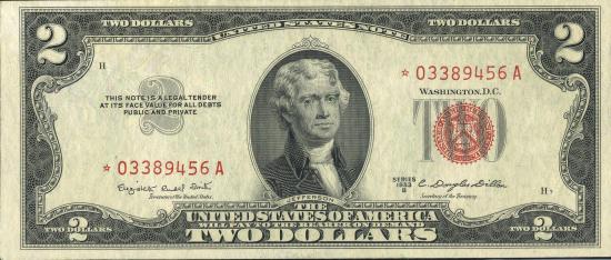 Банкнота $2 1953B г. серии, красная печать, подписи Smith-Dillon. Замещенный 