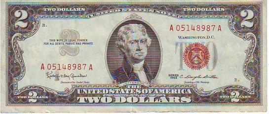 Банкнота $2 1963 г. серии, красная печать, подписи Granahan-Dillon