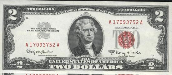 Банкнота $2 1963 г. серии, красная печать, подписи Granahan-Dillon