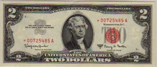 Банкнота $2 1963 г. серии A, красная печать, подписи Granahan-Dillon, замещенный звездный номер