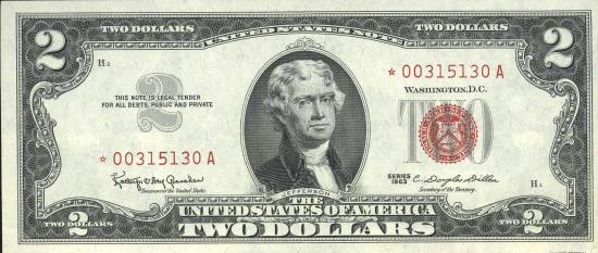 Банкнота $2 1963 г. серии, красная печать, подписи Granahan-Dillon. Замещенный номер.