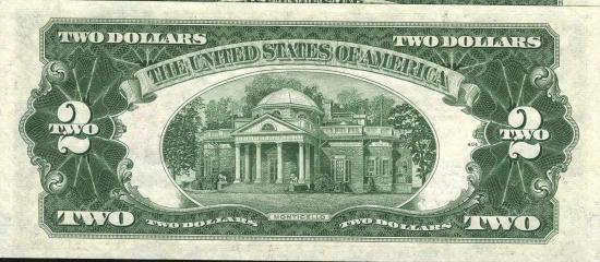 Банкнота $2 1963 г. серии, красная печать, подписи Granahan-Dillon реверс
