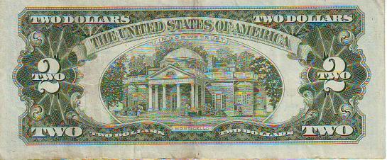 Банкнота $2 1963 г. серии, красная печать, подписи Granahan-Dillon реверс