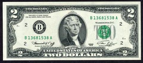 Банкнота $2 1976 г. юбилейной серии, зеленая печать, подписи Neff-Simon