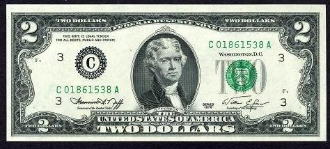 Банкнота $2 1976 г. юбилейной серии, зеленая печать, подписи Neff-Simon