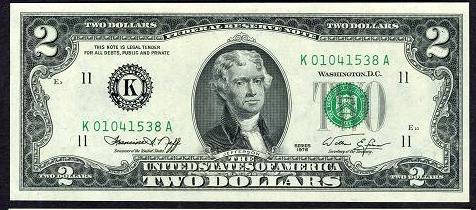 Банкнота $2 1976 г. юбилейной серии, зеленая печать, подписи Neff-Simon