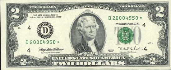 Банкнота $2 1995 г. юбилейной серии, зеленая печать