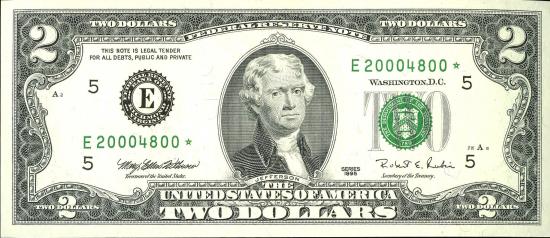 Банкнота $2 1995 г. юбилейной серии, зеленая печать